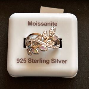 Moissanite with Pink Lab Opal Sterling Silver Leaf Ring